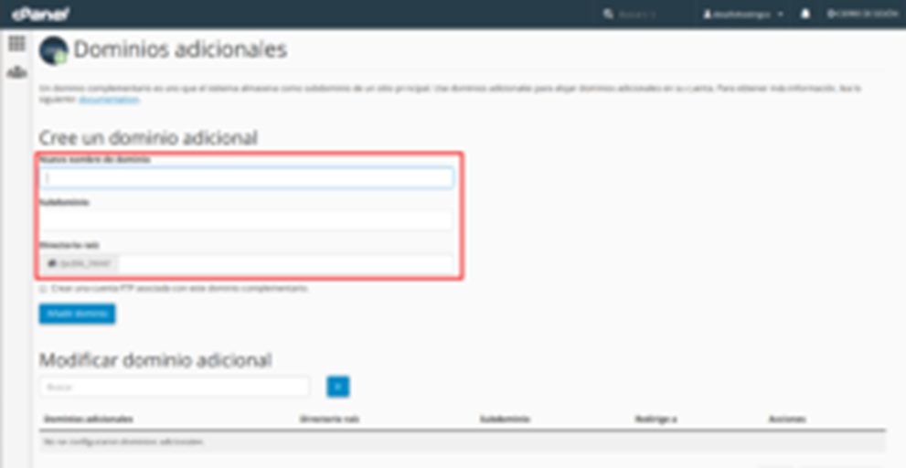 Cómo añadir un nuevo dominio en cPanel — captura 2