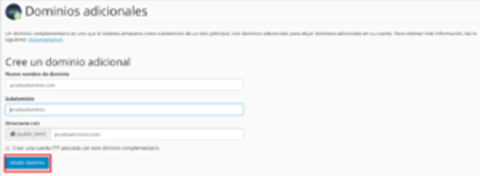 Cómo añadir un nuevo dominio en cPanel — captura 3