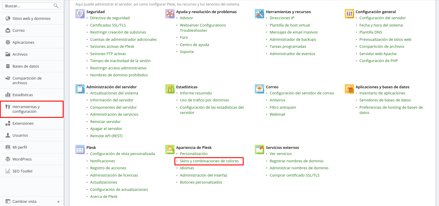 Cómo modificar la apariencia del panel Plesk — captura 1