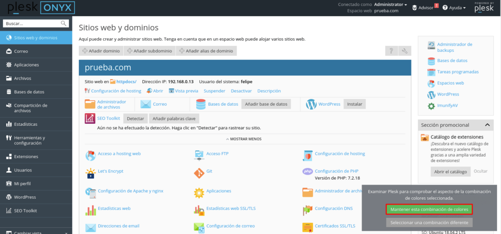 Cómo modificar la apariencia del panel Plesk — captura 3