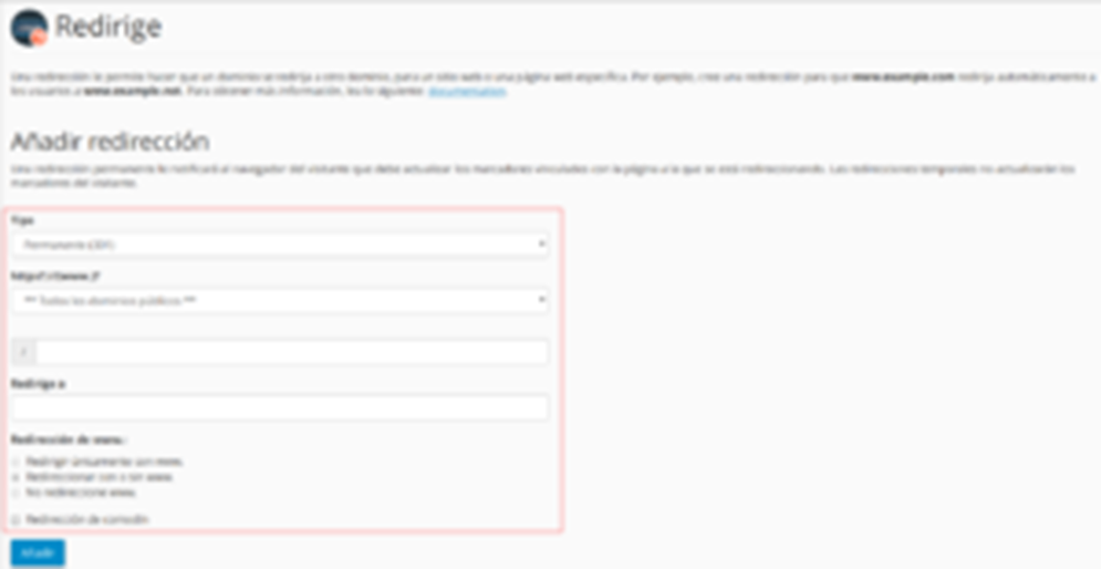 Cómo crear una redirección desde cPanel — captura 2