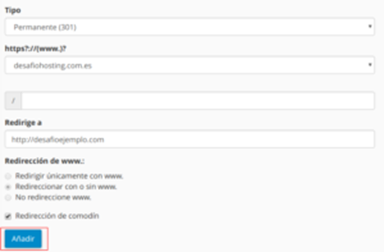 Cómo crear una redirección desde cPanel — captura 3