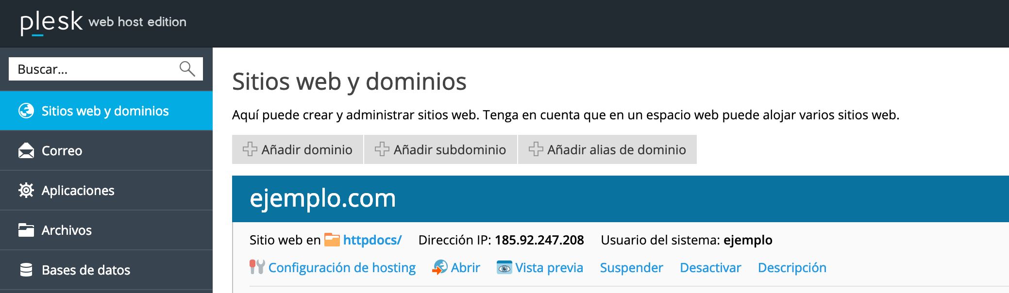 Cómo añadir un nuevo dominio en Plesk — captura 1