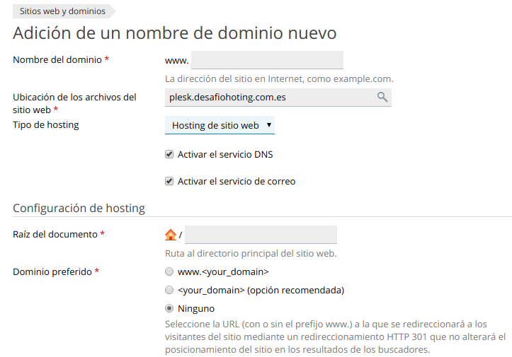 Cómo añadir un nuevo dominio en Plesk — captura 2