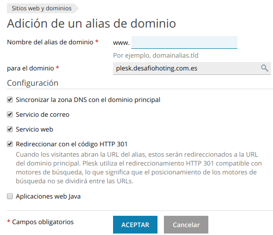 Cómo crear un alias de dominio en Plesk — captura 2