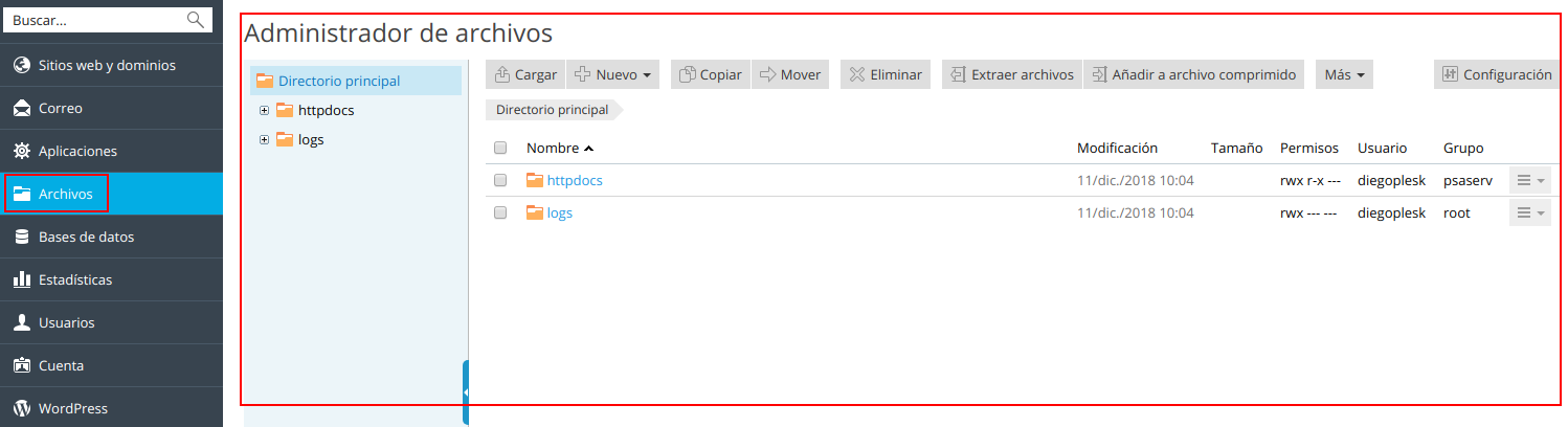 Administrador de archivos en Plesk — captura 1