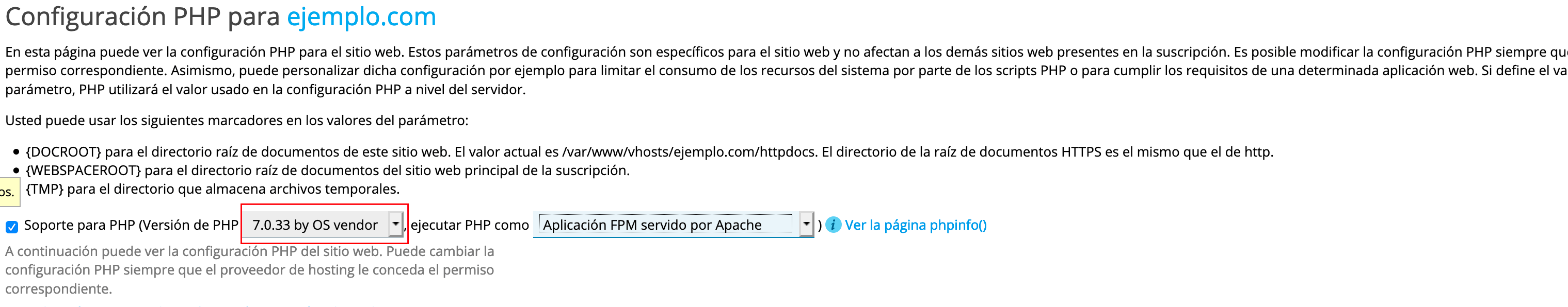 Cómo cambiar la versión de PHP de un dominio en Plesk — captura 2