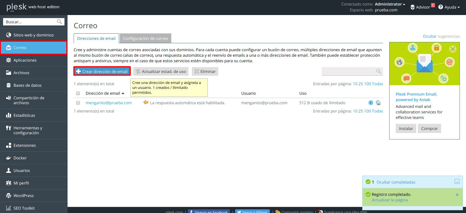 Cómo crear una cuenta de correo electrónico en Plesk — captura 1