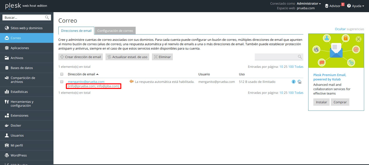 Cómo crear un alias de correo en Plesk — captura 1