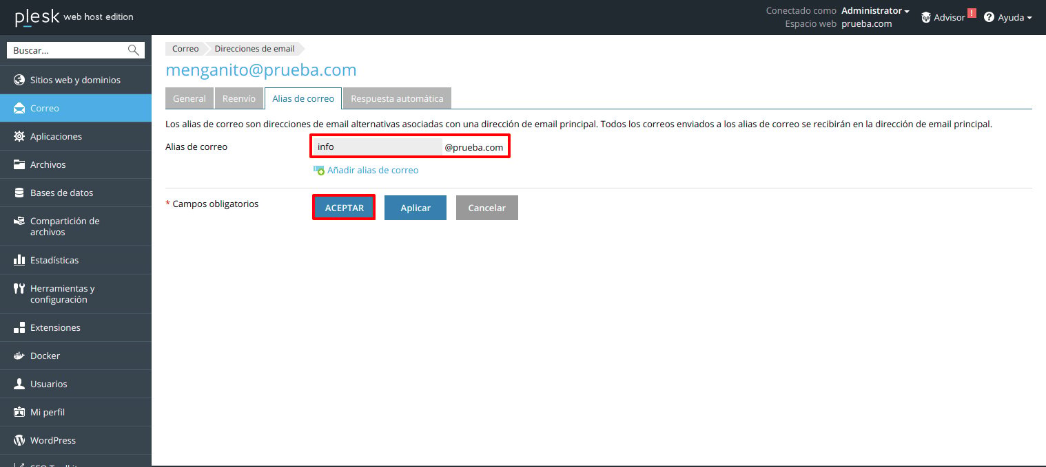 Cómo crear un alias de correo en Plesk — captura 2