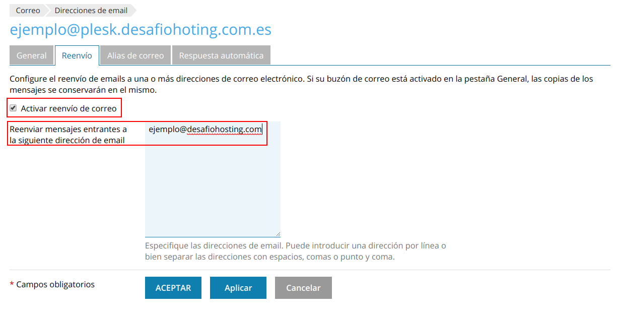 Cómo configurar reenviadores en Plesk — captura 3