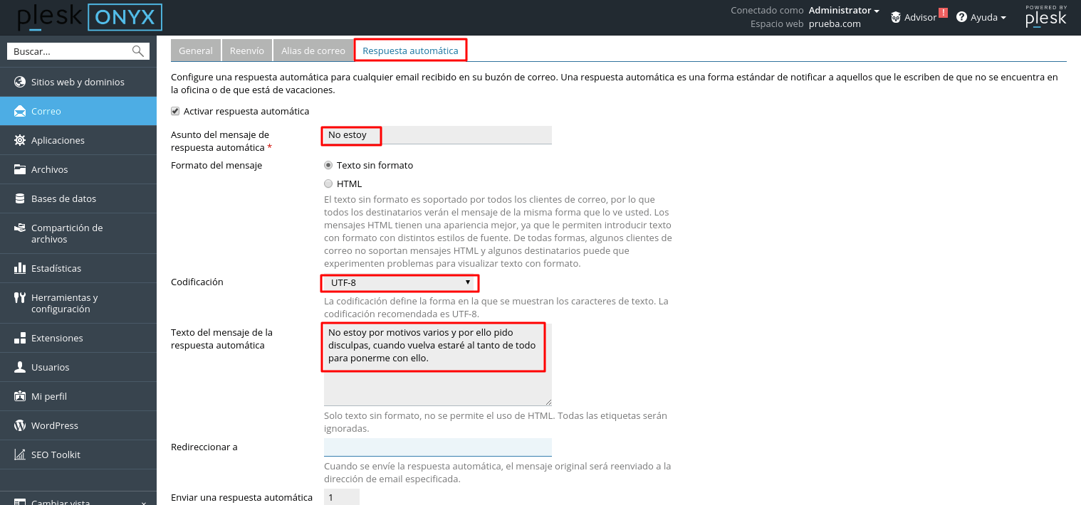 Cómo configurar autorespondedores en Plesk — captura 3