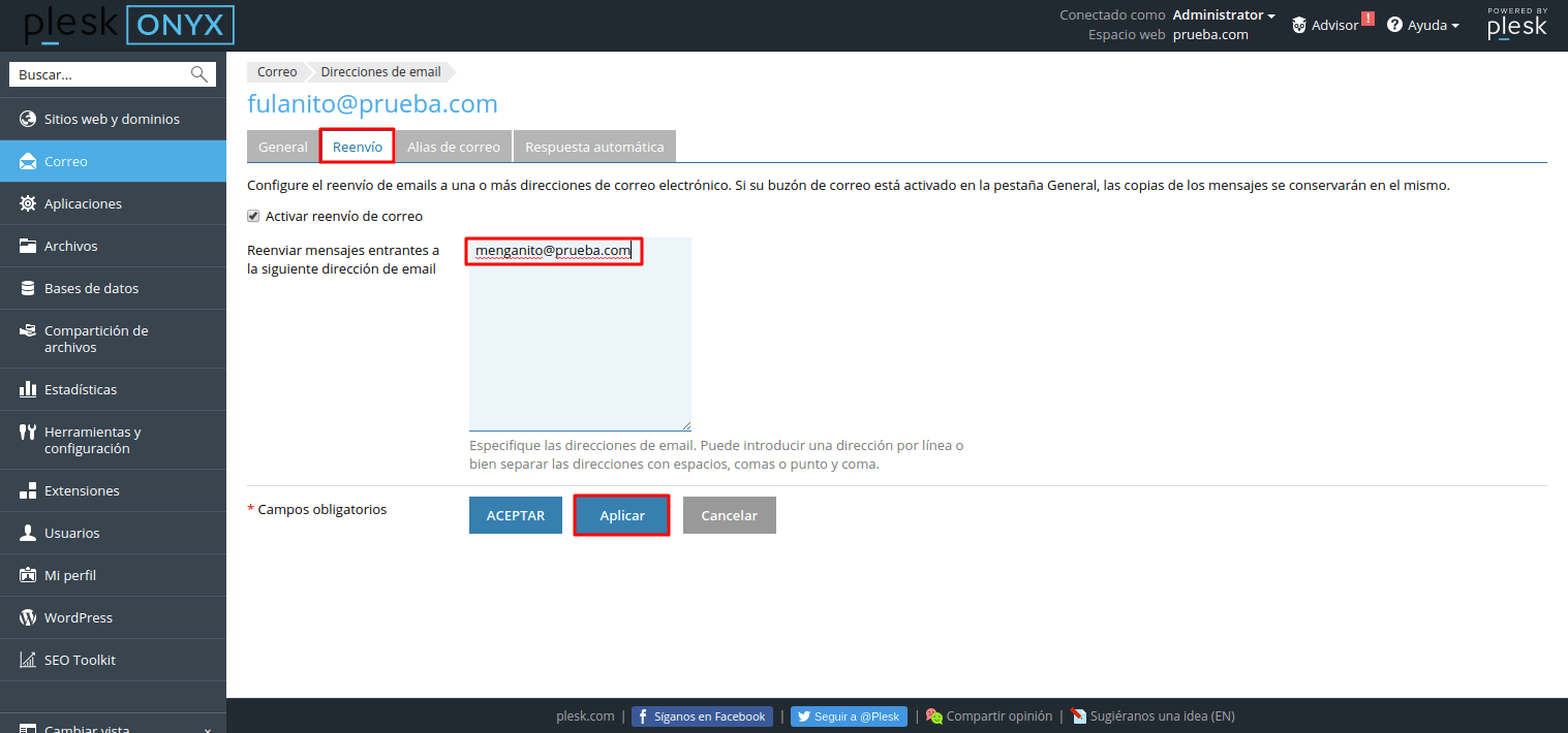 Cómo configurar el reenvío de correo a otra cuenta en Plesk — captura 1