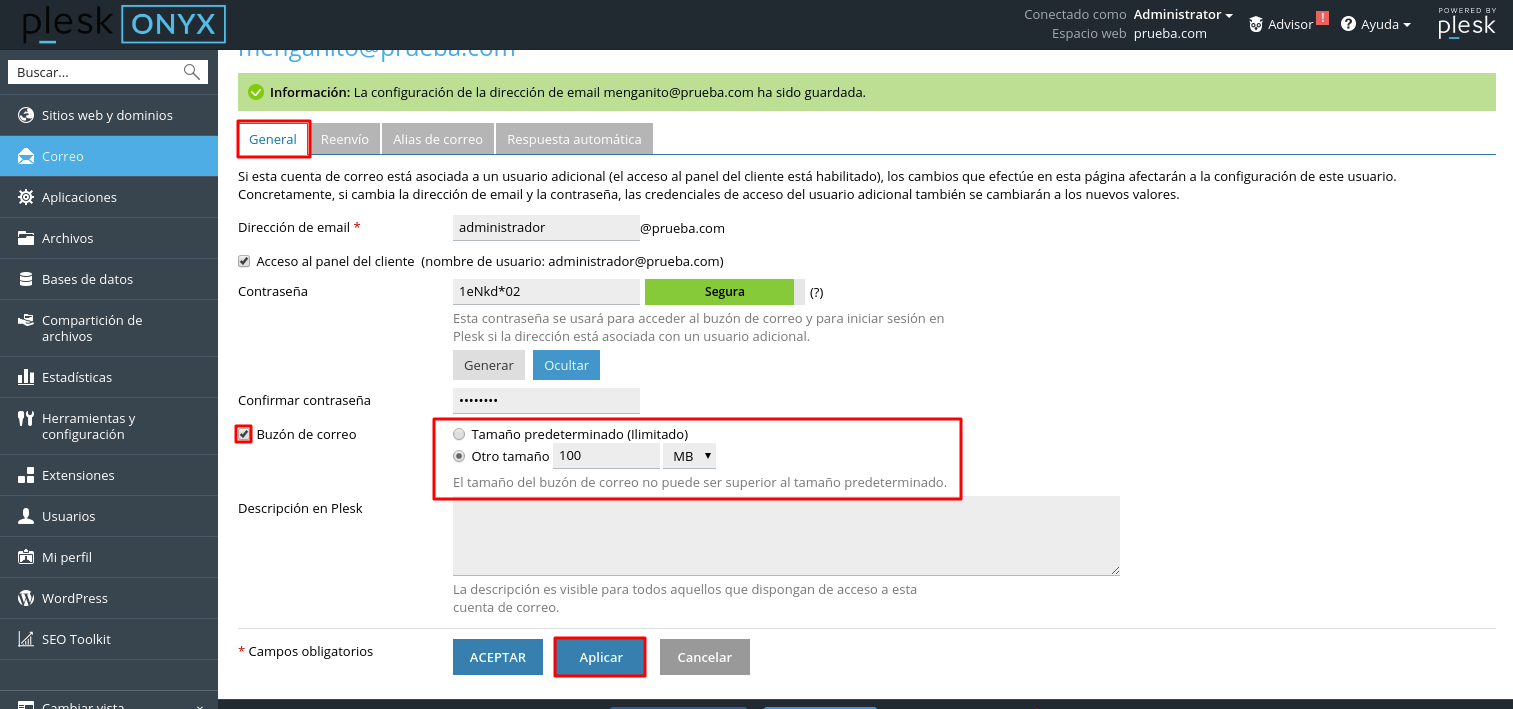 Cómo limitar el envío de emails en Plesk — captura 1