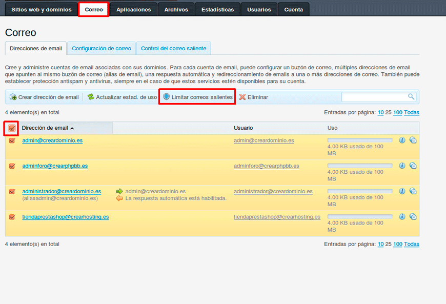 Cómo limitar el envío de emails en Plesk — captura 2