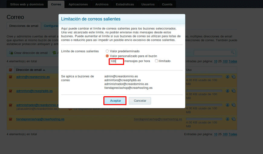 Cómo limitar el envío de emails en Plesk — captura 3