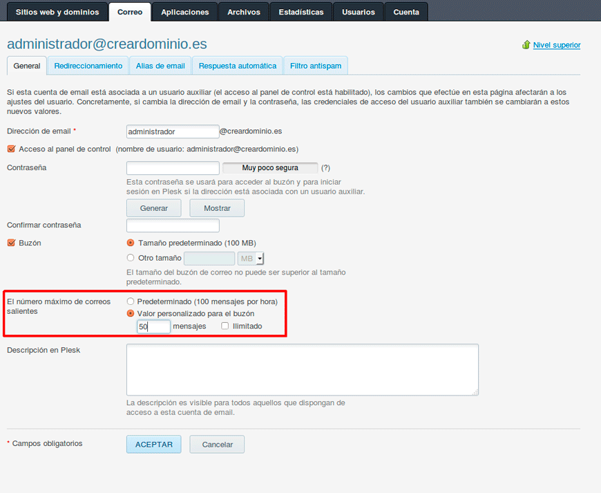 Cómo limitar el envío de emails en Plesk — captura 4