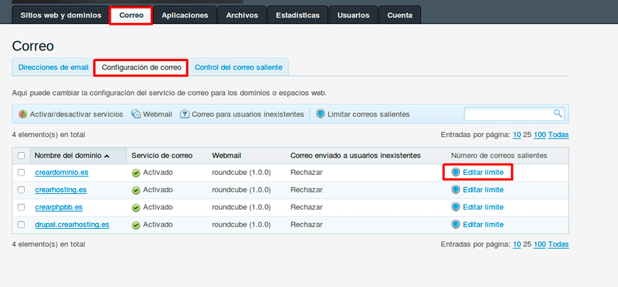 Cómo limitar el envío de emails en Plesk — captura 5