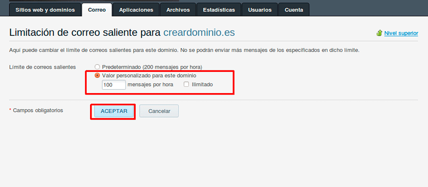 Cómo limitar el envío de emails en Plesk — captura 6