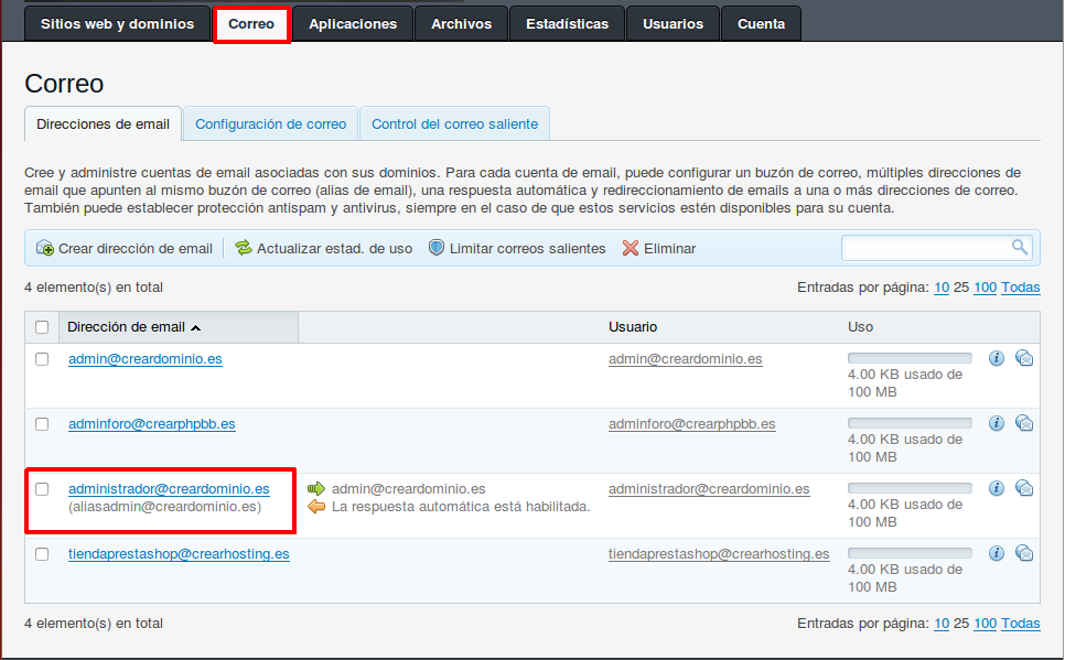 Protección contra spam en Plesk — captura 1
