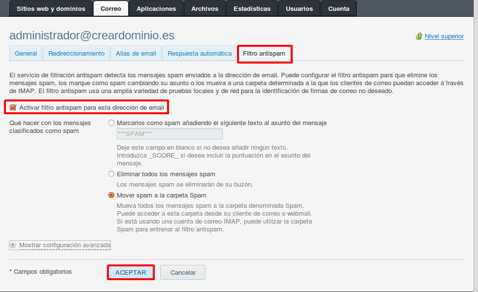 Protección contra spam en Plesk — captura 2