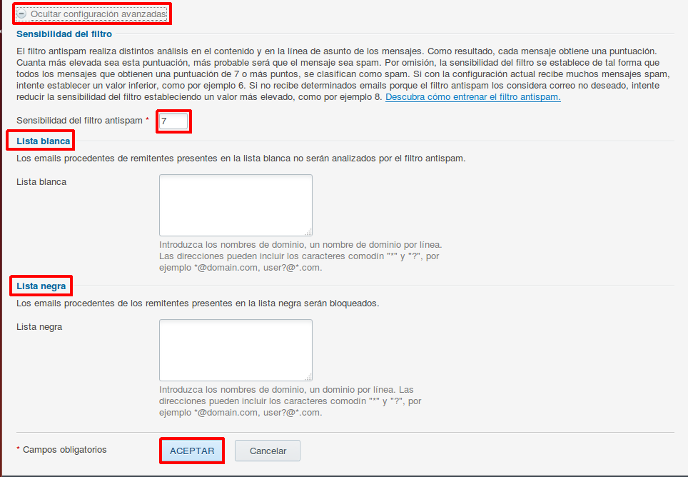 Protección contra spam en Plesk — captura 3