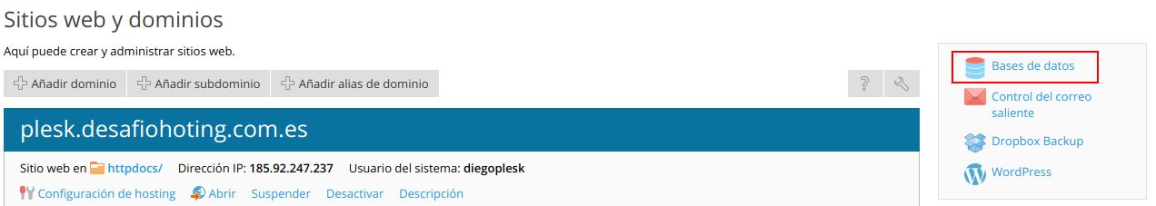 Cómo crear una base de datos en Plesk — captura 1