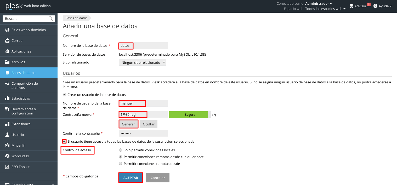 Cómo crear una base de datos en Plesk — captura 2