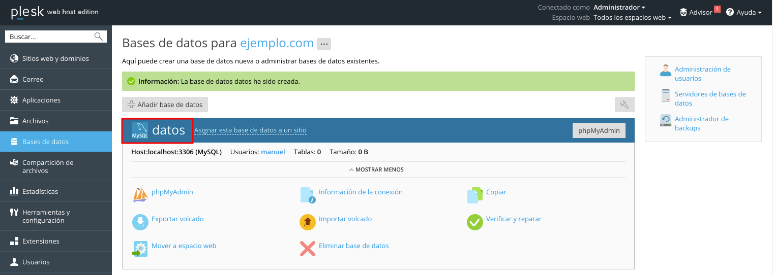 Cómo crear una base de datos en Plesk — captura 3