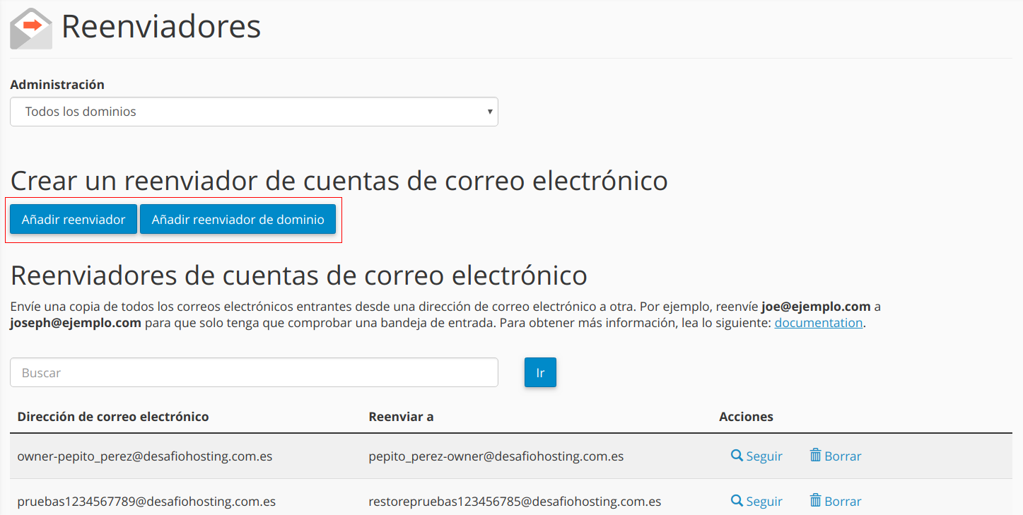 Cómo configurar reenviadores en cPanel — captura 2