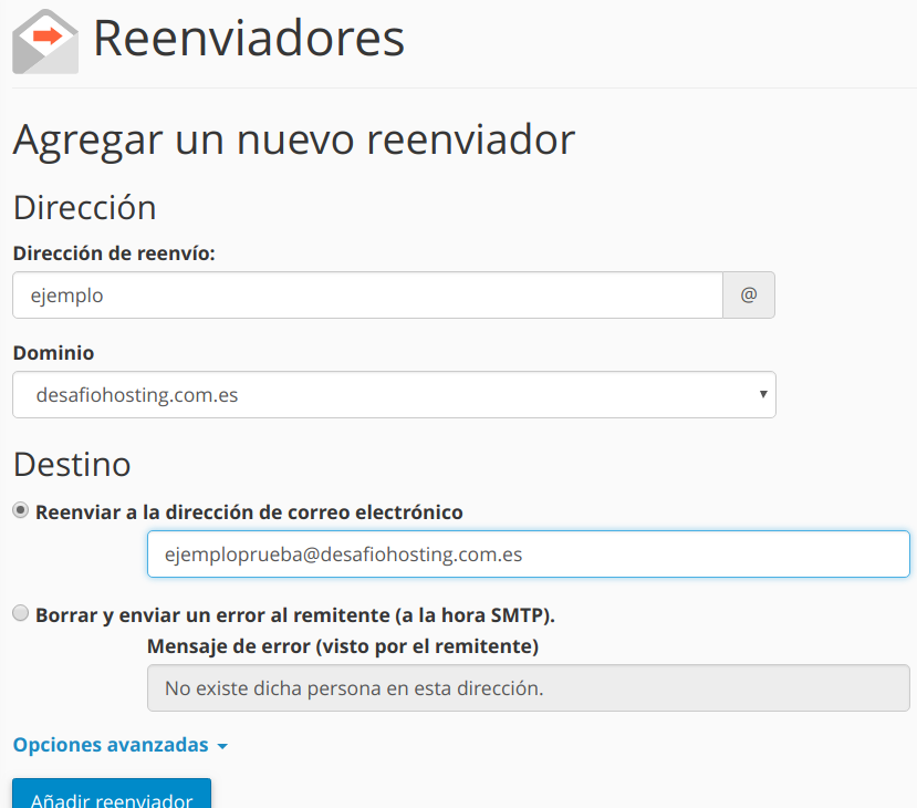 Cómo configurar reenviadores en cPanel — captura 3