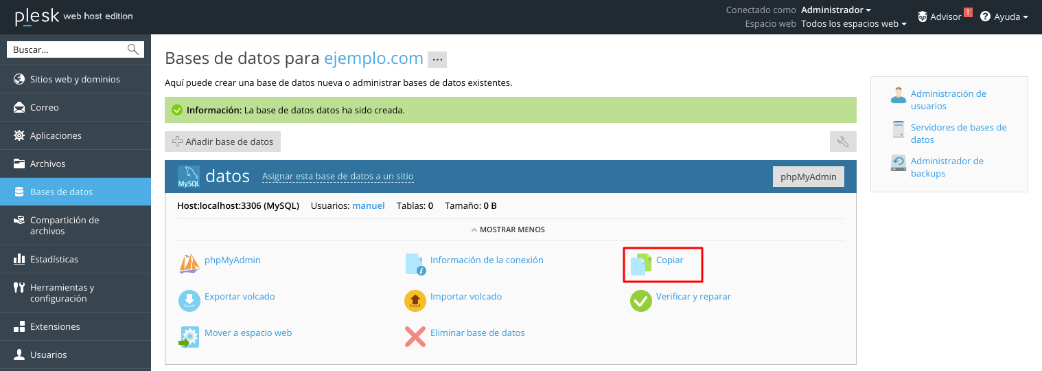 Cómo copiar bases de datos en Plesk — captura 1
