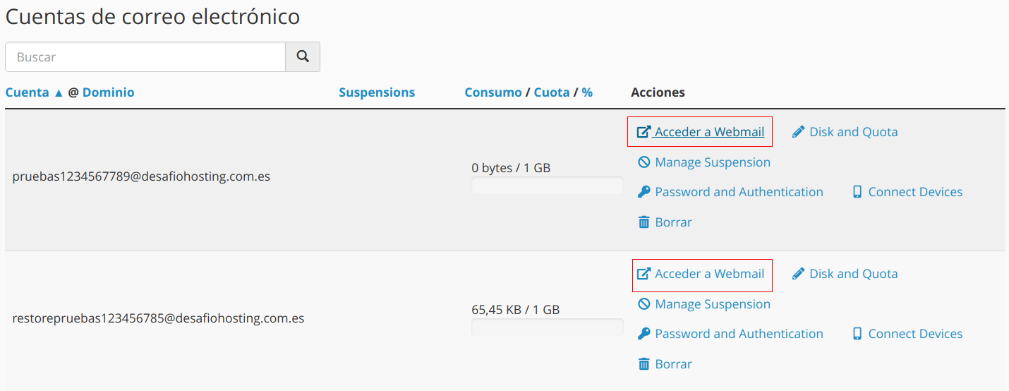 Datos para configurar un cliente de correo electrónico en cPanel — captura 2