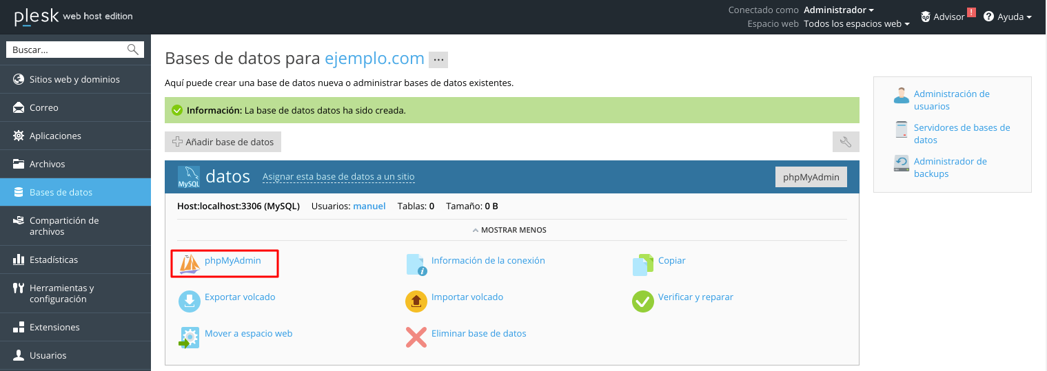 Cómo acceder a phpMyAdmin en Plesk — captura 1
