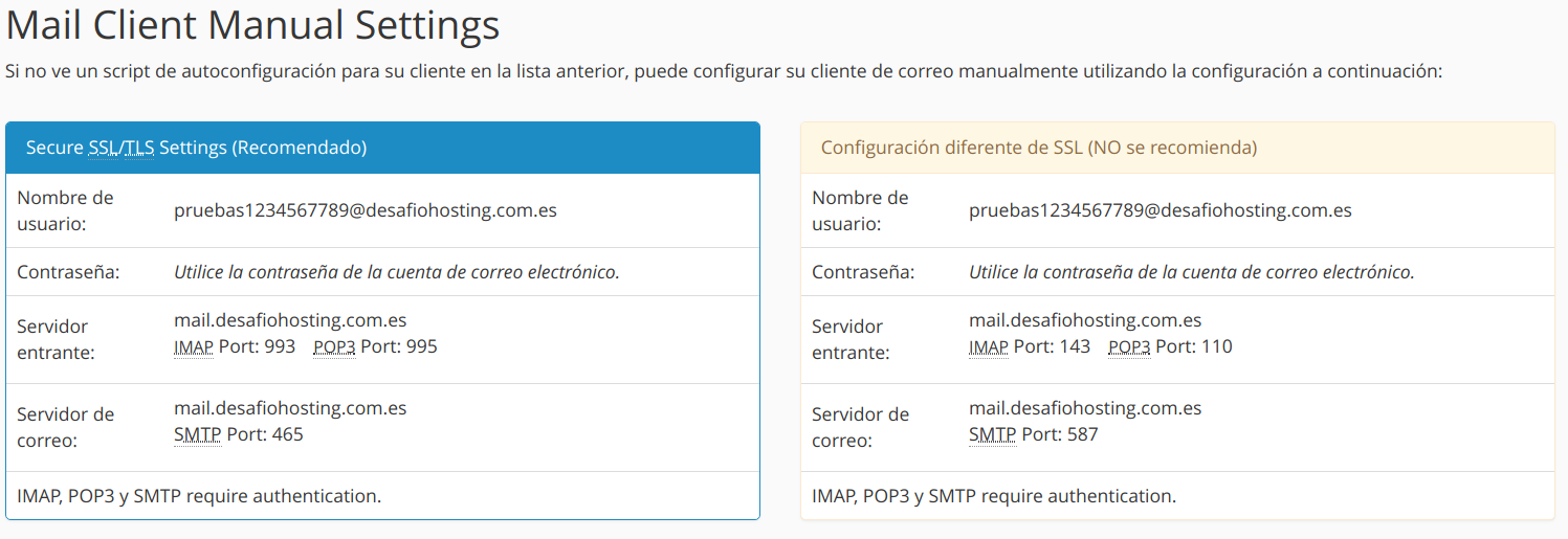 Datos para configurar un cliente de correo electrónico en cPanel — captura 3