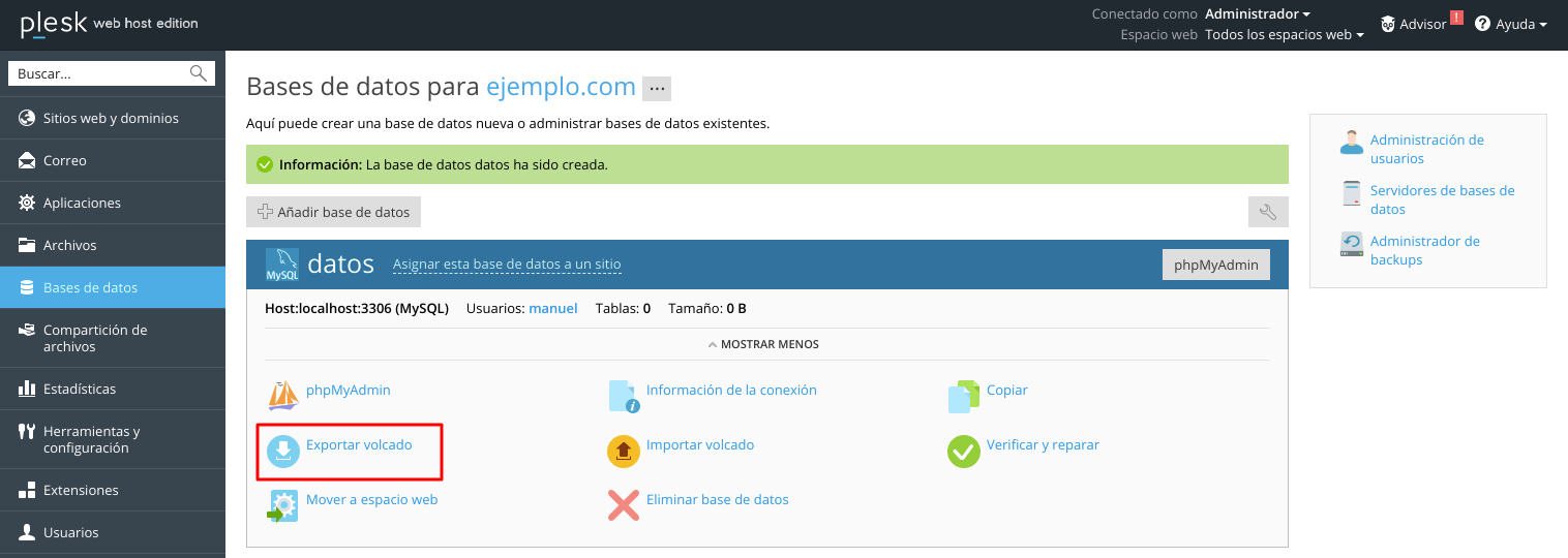Exportar una base de datos — captura 1