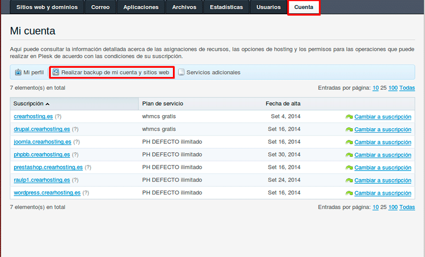 Cómo crear un backup del sitio web en Plesk — captura 1