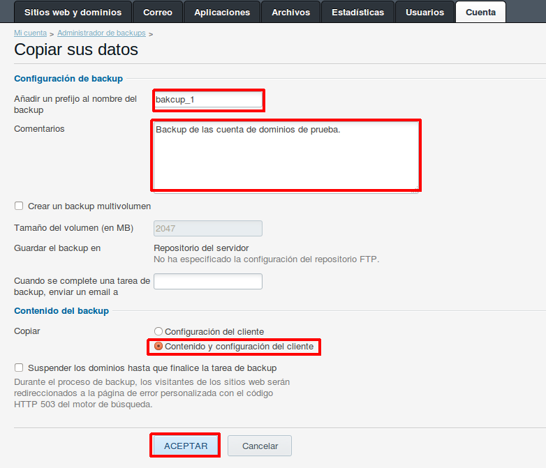 Cómo crear un backup del sitio web en Plesk — captura 3