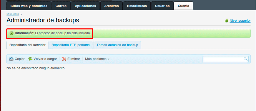 Cómo crear un backup del sitio web en Plesk — captura 4