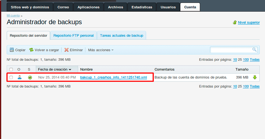 Cómo crear un backup del sitio web en Plesk — captura 5