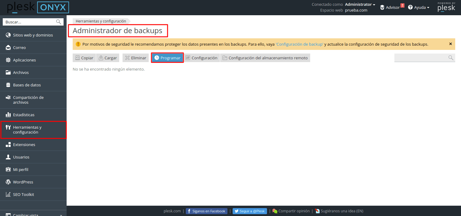 Cómo programar copias de seguridad en Plesk — captura 1