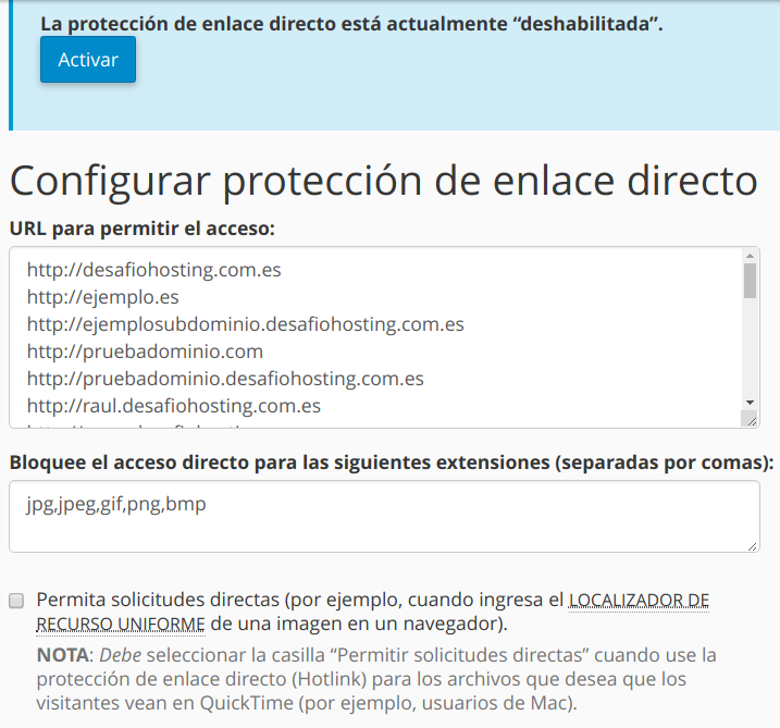 Protección contra hotlinking en cPanel — captura 2