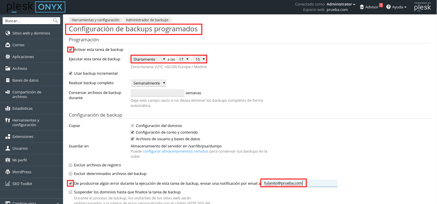 Cómo programar copias de seguridad en Plesk — captura 2