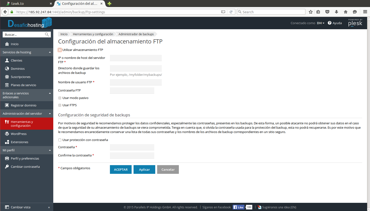 Cómo almacenar el backup en un FTP con Plesk — captura 1