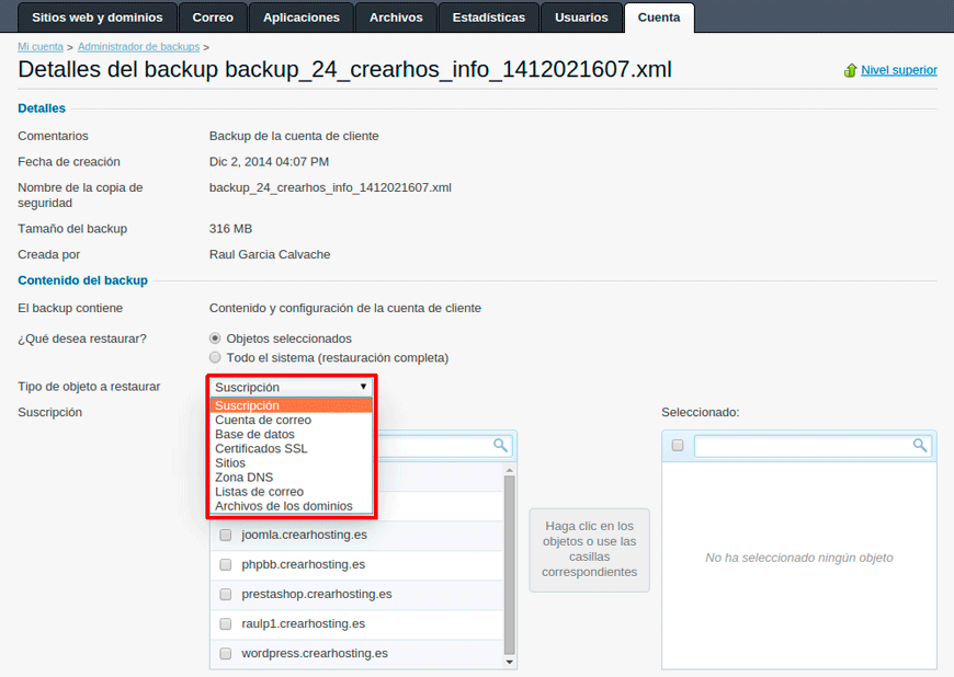 Cómo restaurar una copia de seguridad en Plesk — captura 2