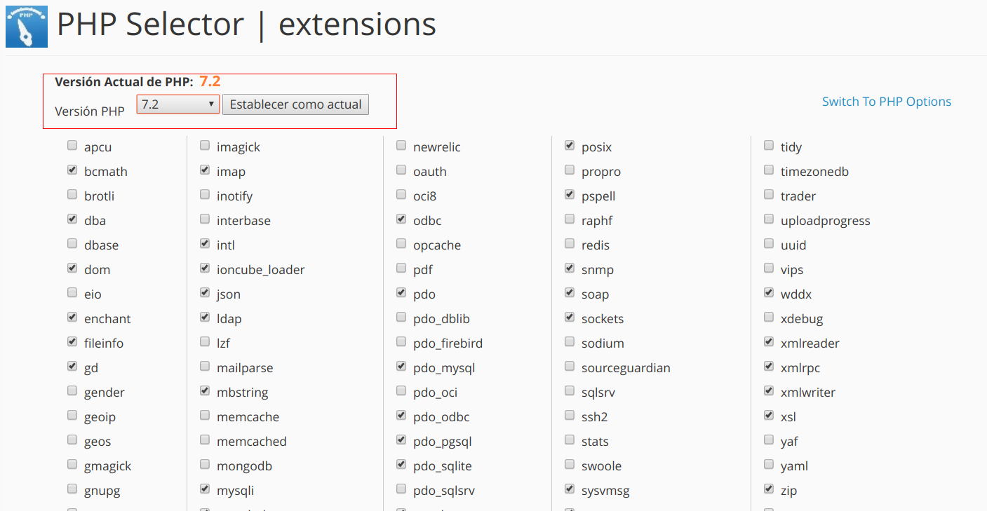 Seleccionar la versión de PHP usada desde cPanel — captura 2