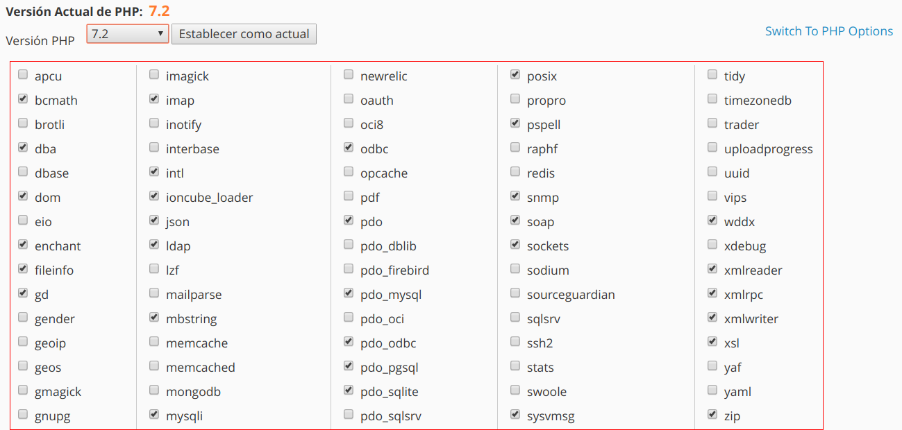 Cómo configurar extensiones o módulos de PHP en cPanel — captura 2