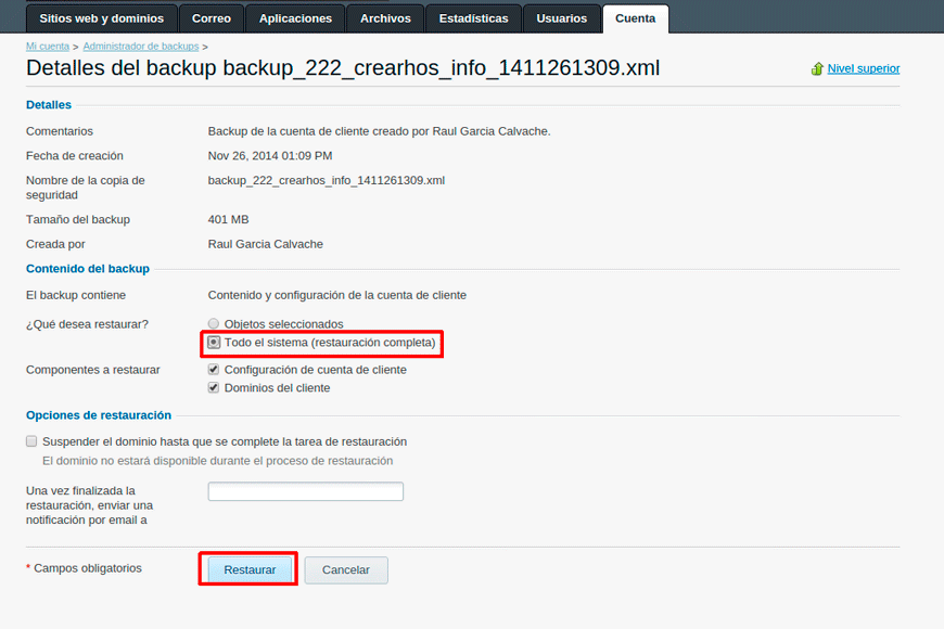 Cómo restaurar una copia de seguridad en Plesk — captura 4