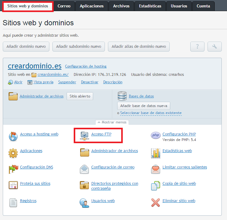 Cómo añadir una cuenta FTP en Plesk — captura 1
