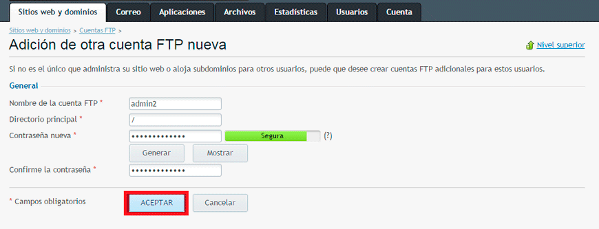 Cómo añadir una cuenta FTP en Plesk — captura 3